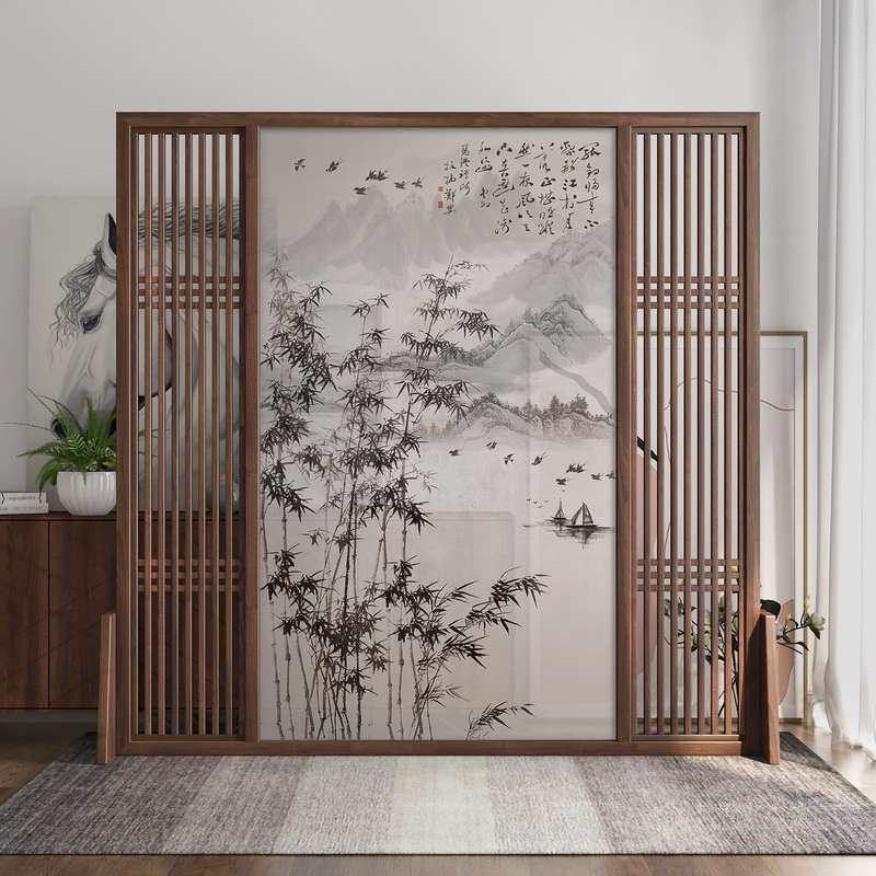 新中式屏风隔断客厅玄关简约现代办公室竹子布艺遮挡装饰移动座屏