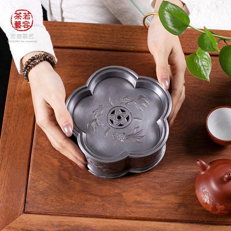 潮汕传统手工雕锡茶船锡壶承工夫茶具锡器颜义和制锡仿古锡干泡台
