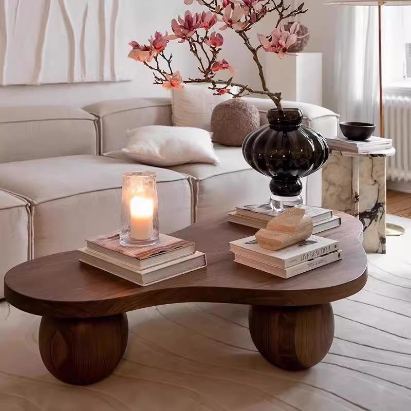 中古风矮家用异形设计师茶桌咖啡桌法式胡桃色实木复古小户型茶几