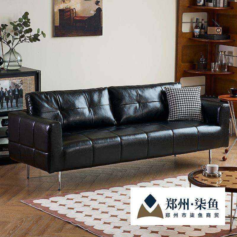 沙发小户型办公室出租屋长条懒人可躺黑色油蜡皮复古客厅三人四人