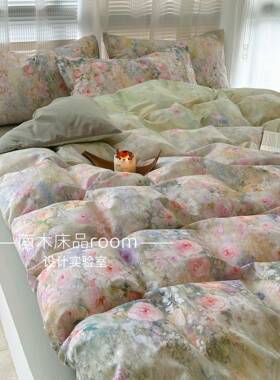 莫奈油画｜浪漫花卉田园风加厚全棉磨毛四件套绿色1.8m笠纯棉民宿