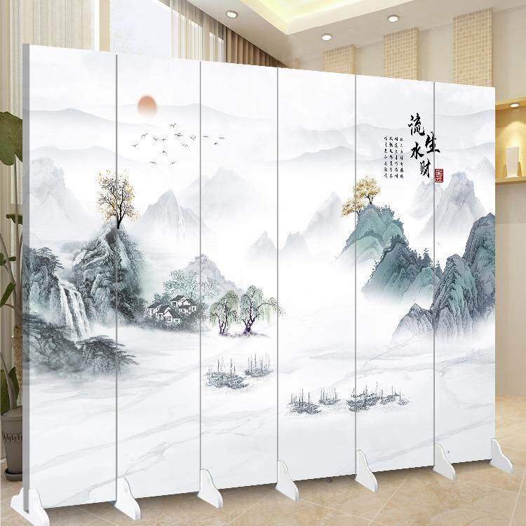 屏风客厅隔断帘折叠移动入户餐厅家用玄关办公室简易山水荷花双面