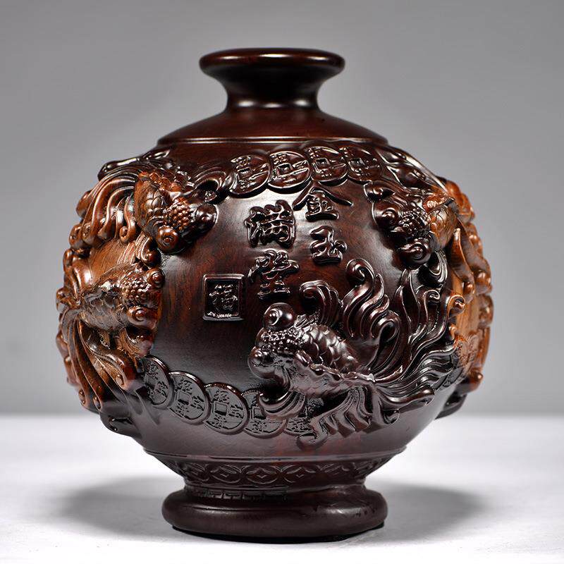 黑檀木雕金玉满堂花瓶摆件年年有鱼客厅插花装饰家居实木质工艺品