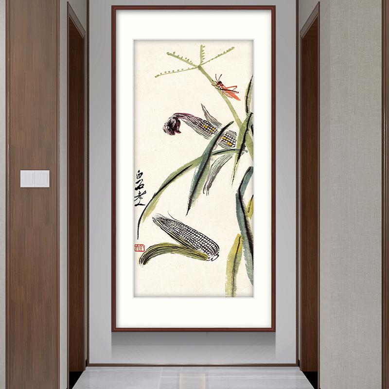 齐白石水墨中式装饰画 客厅玄关餐厅现代简约荷花虾竖款挂画国画