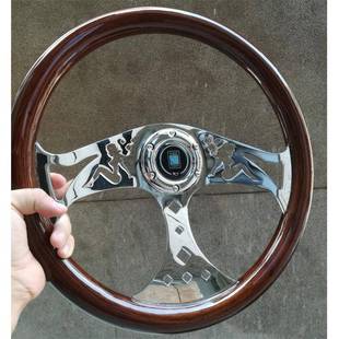 方向盘木质木制改装 复古桃木普桑15寸38cm镜面电镀反光通用方向盘