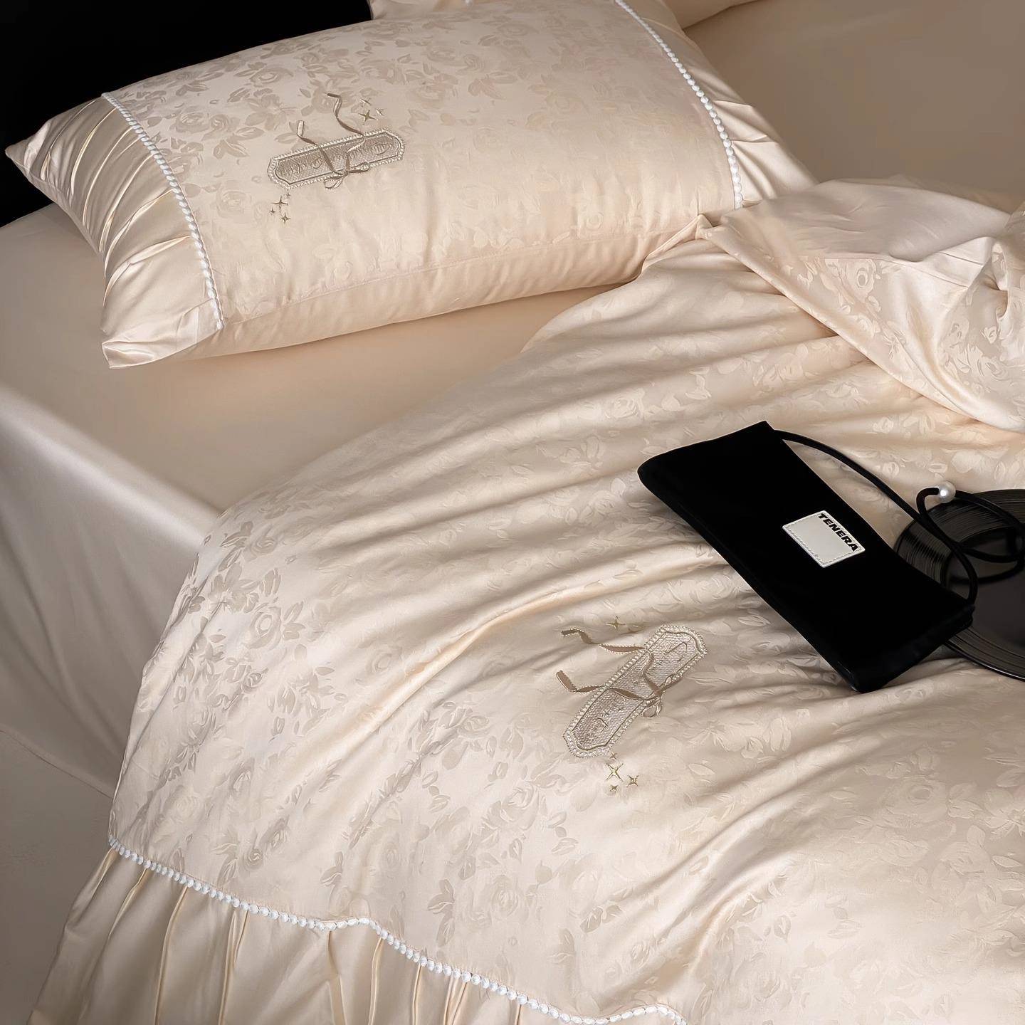 法式花边轻奢100S长绒棉提花床上四件套全棉纯棉刺绣被套1.8m床单