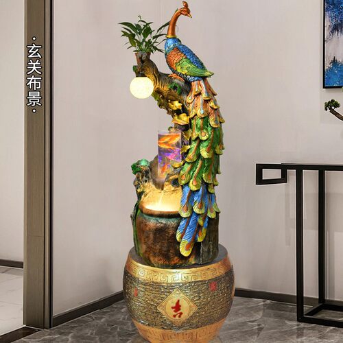 大型落地假山流水喷泉客厅办公室孔雀生财装饰品高山循环水景摆件