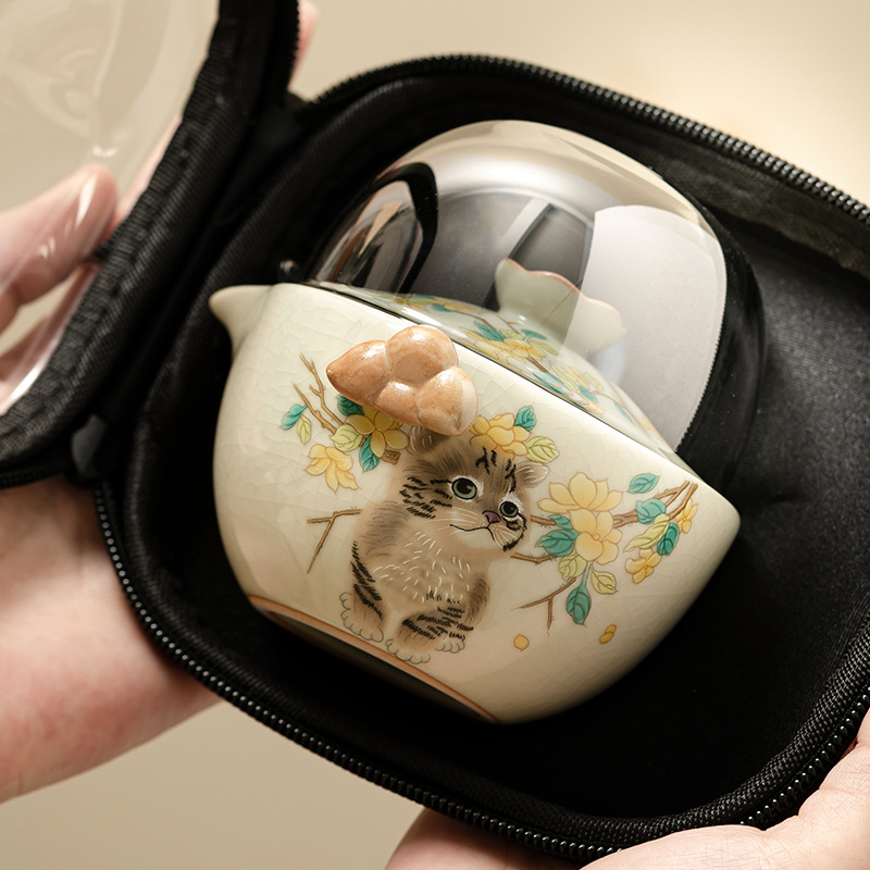 米黄汝窑快客杯手抓壶一壶二杯喝茶装备便携式户外旅行茶具泡茶壶