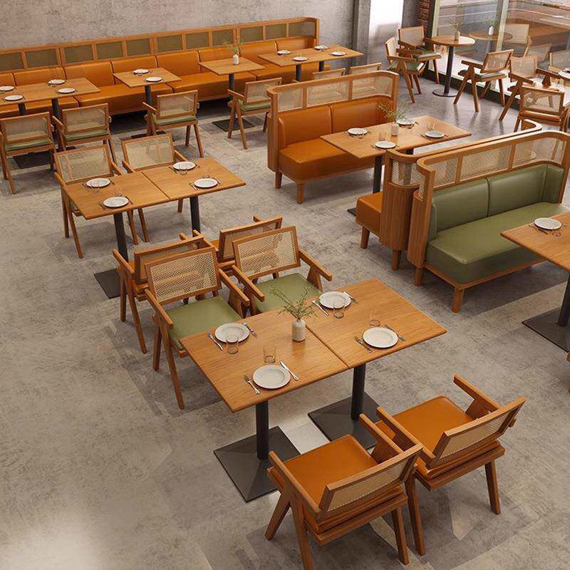 连锁主题餐厅茶楼卡座沙发商用饭店新中式西餐厅实木编藤桌椅组合