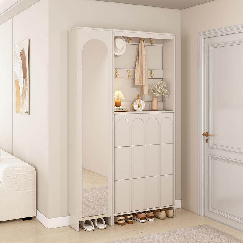 奶油风进门鞋柜挂衣帽架一体超薄家用门口窄玄关柜带全身穿衣镜子