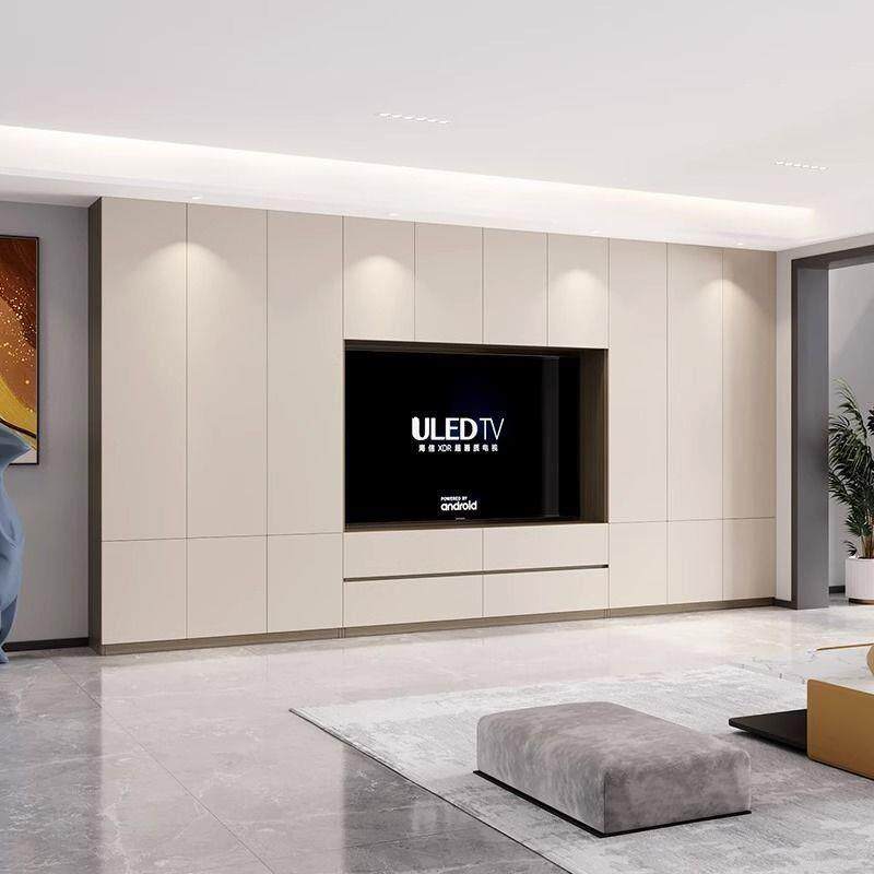 现代简约实木一体整墙组合电视柜客厅背景墙奶油风轻奢储物收纳柜