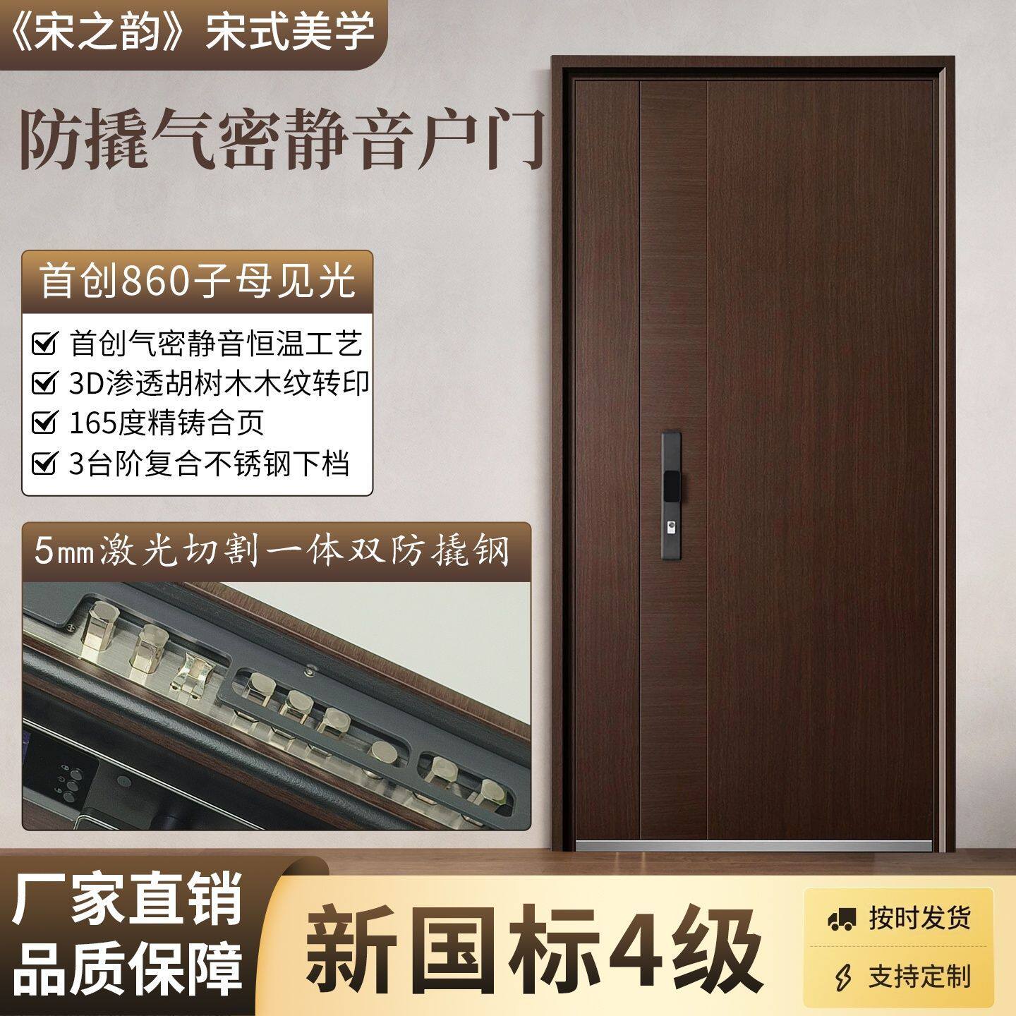 黑胡桃防盗入户门甲级门隔音进户门宋氏新中式风极简防盗门子母门