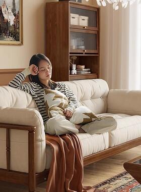 健匠实木沙发欧白蜡木客厅代简小约风户现型ZJJ三人位布艺复古沙
