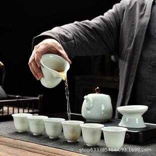 羊脂玉影青茶具套装陶瓷家用办公简约薄胎功夫盖碗茶壶茶杯商务礼