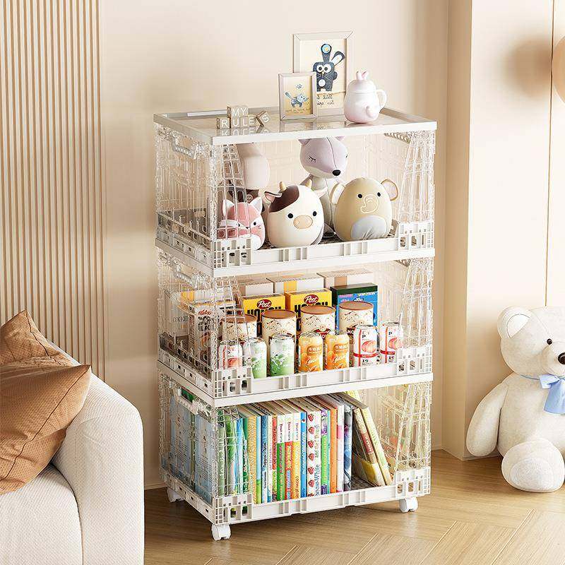 塑料折叠收纳筐带盖整理箱儿童书架带轮可移动置物架敞口可叠加盒