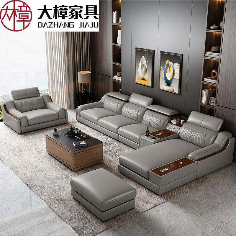 工厂直销皮沙发组合简约现代客厅功能沙发大户型L型转角皮艺沙发