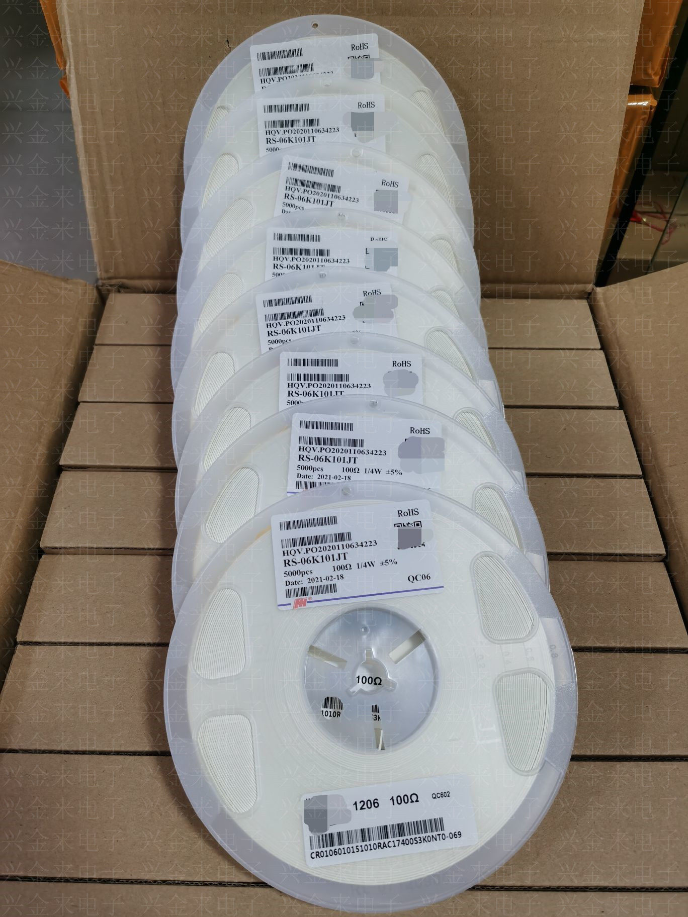 1206贴片电阻100Ω100欧100R1/4W精度±5%5000只/盘无铅