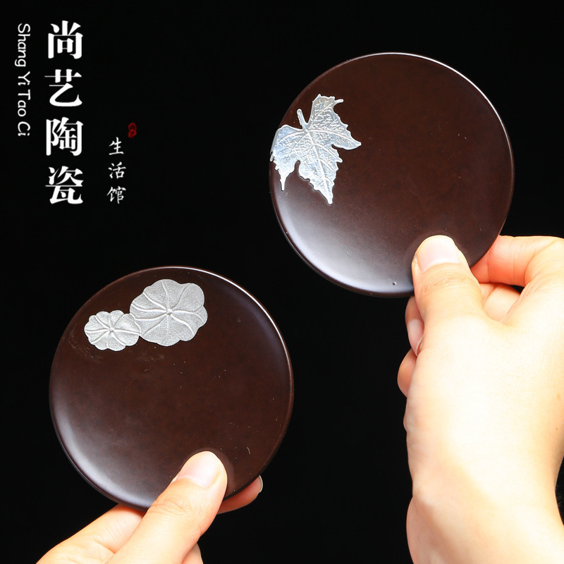 黑檀实木杯托组家用简约圆形镶锡杯垫6个日式茶具茶道配件隔热垫