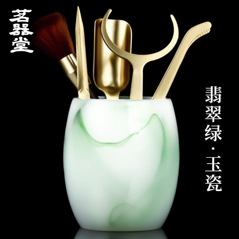 厂家直销翡翠绿玉瓷茶道六君子家用铜木茶夹茶刀叉养壶笔茶具配件