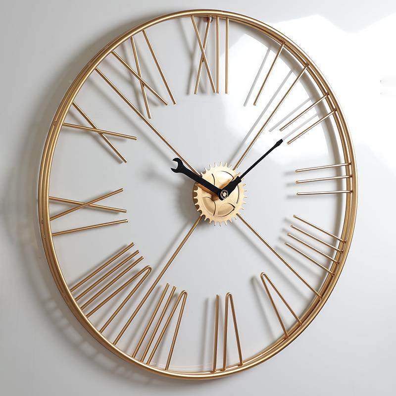 美式时健尚齿轮罗马工挂钟8843复古业风圆身房装饰时钟形餐厅轻奢