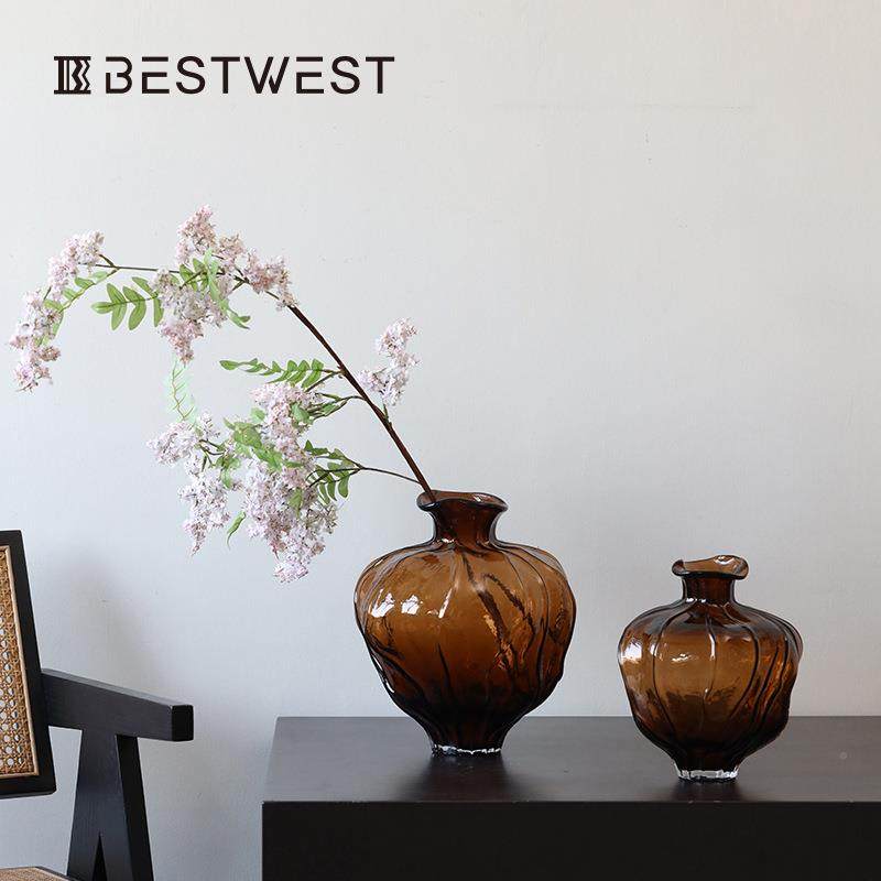 西家居北欧手SS24-201花工波浪口花边新棕色样大肚子玻博璃瓶板间,家居饰品,花瓶,淘宝优惠券,粉丝福利购,淘宝优惠卷