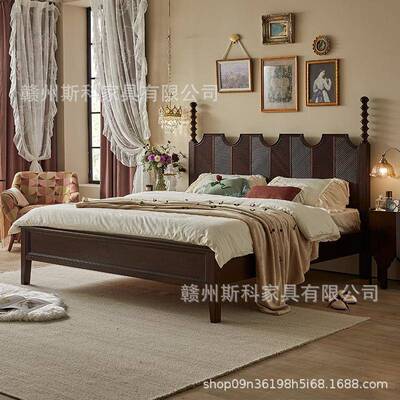 美式实木双床艾床法式米约雕花床屏主卧人大床80830轻复古简婚床