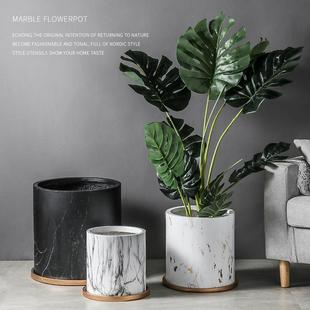 仿大理石纹镁理泥大口大花盆水径圆形花盆带托高档轻奢北欧客盘落