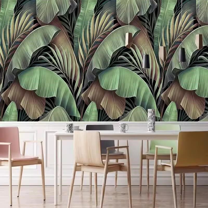 东南亚芭蕉叶墙纸田园背景墙布热带雨林壁纸森林绿植餐厅酒店壁布