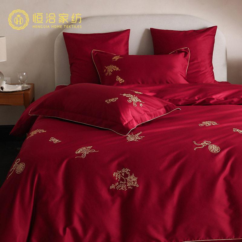 新款婚庆全棉四件套轻奢金线刺绣纯棉结婚喜嫁大红色被套床上用品