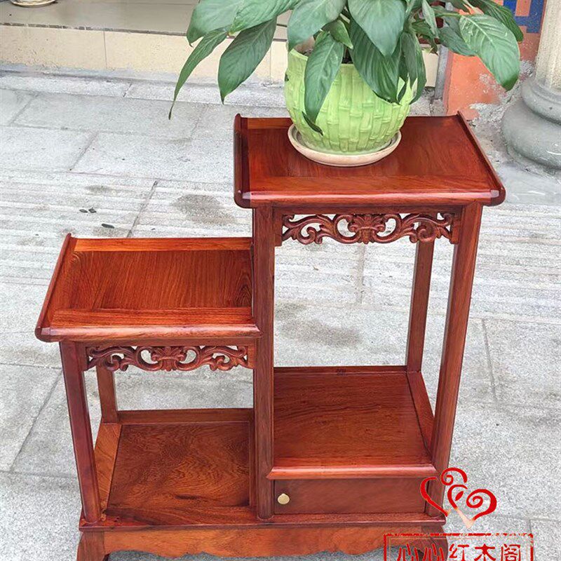 缅甸花梨大果紫檀置物边几茶水几明清古典花架高低盆景架红木家具