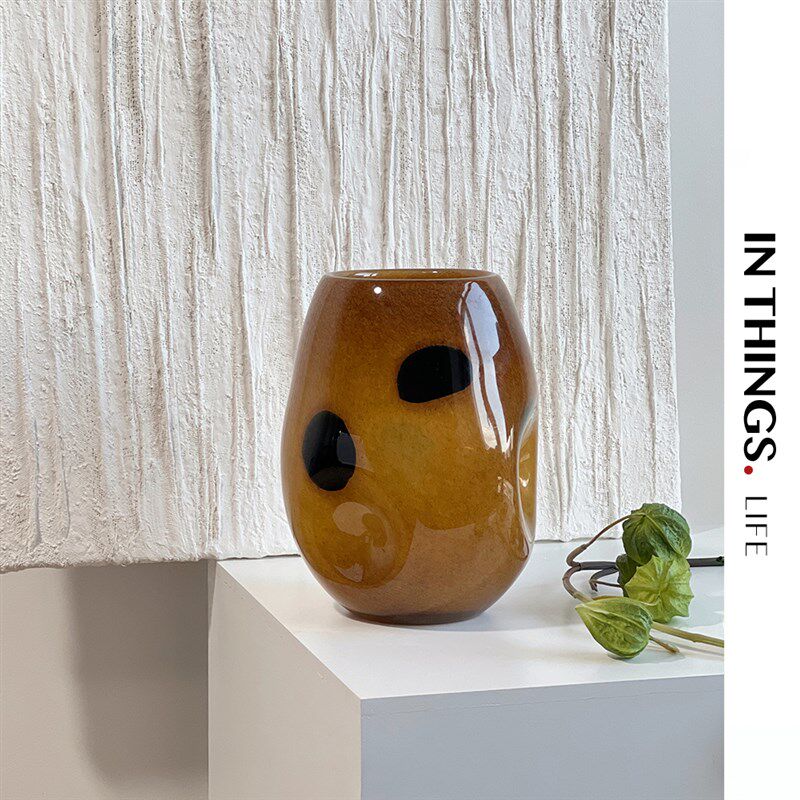 INTHINGS 琥珀色中古风花瓶高级复古插花玄关装饰摆件玻璃花器