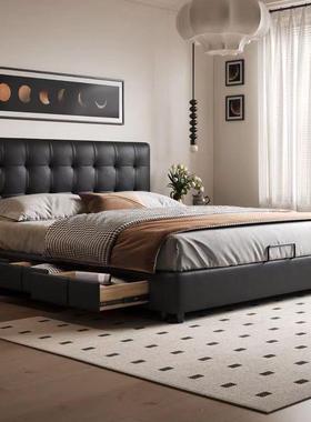 代意轻式简约夫格加厚床头双人储物现婚床华奢中古FRF风黑色皮艺