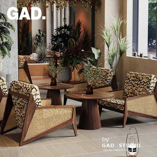 法复古实木藤编沙桌无品牌/发咖啡厅椅组合咖啡馆清吧吧音乐餐休