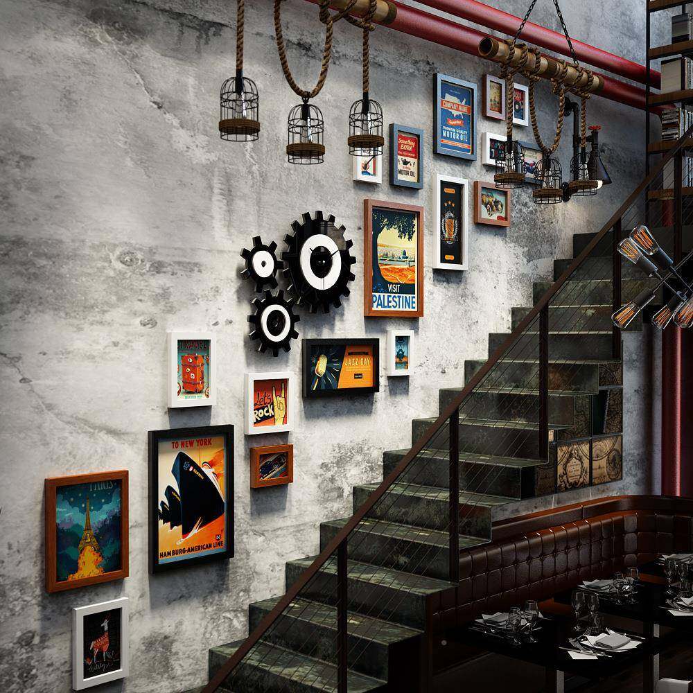 工高子034复古楼0304梯照片墙餐馆组合相框画框业风发光装分0饰画,家居饰品,现代装饰画,淘宝优惠券,粉丝福利购,淘宝优惠卷