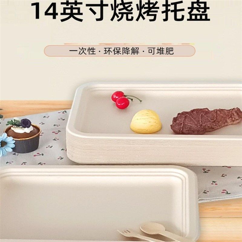 14英寸长方形甘蔗浆纸盘 , 可降解环保烧烤托盘一箱装