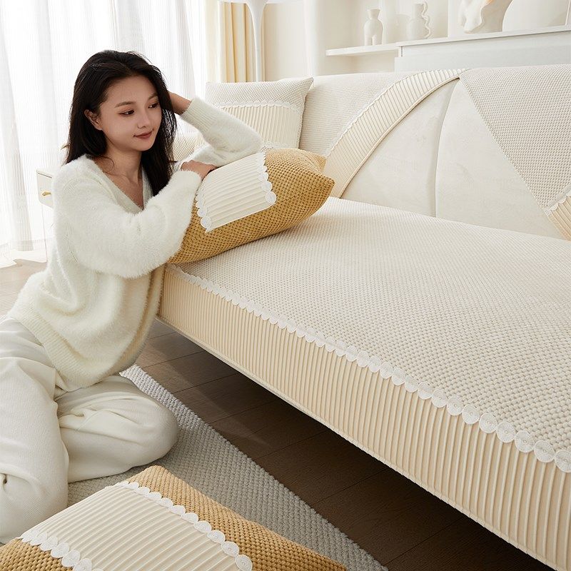 冬季毛绒沙发垫纯色拼边中式皮沙发坐垫套防滑靠背巾盖布2023新款