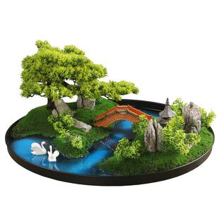 酒小桥流水店餐桌转中间盘装饰摆件大圆店桌摆花仿真绿植盆景饭假