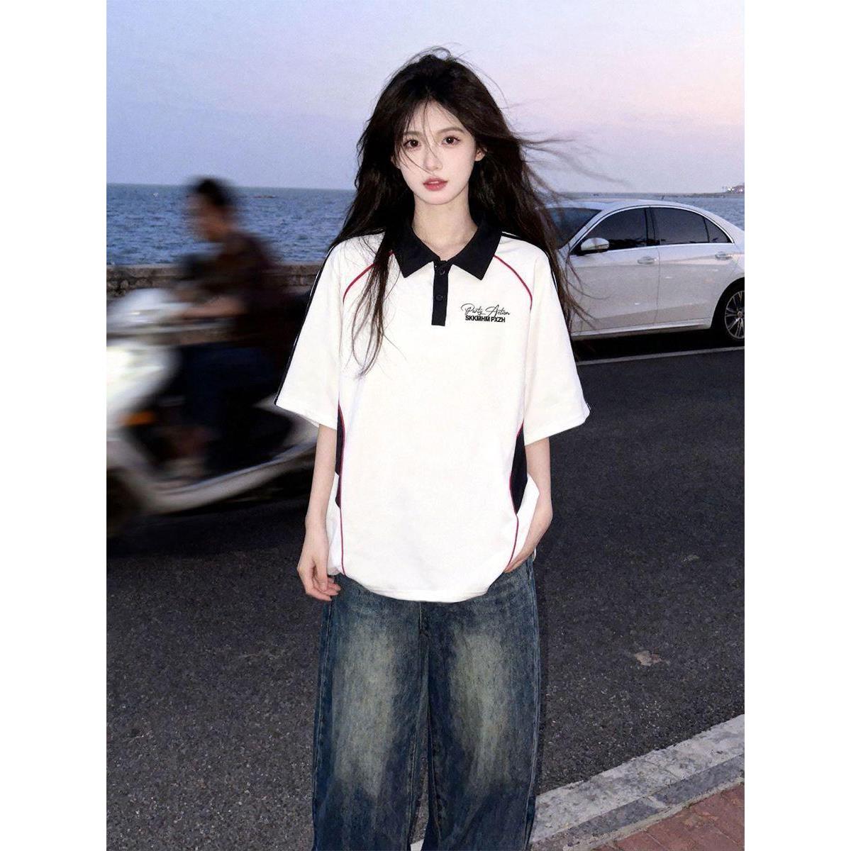美式复古潮牌polo衫翻领短袖T恤女学生夏季宽松拼接撞色情侣上衣