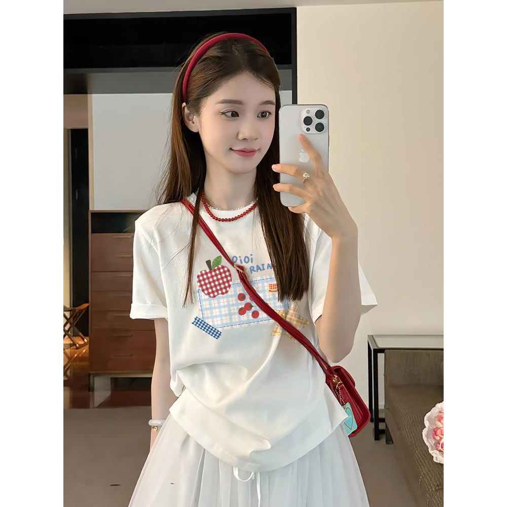 采多宝拼色翻领T恤大码女装胖mm收腰显瘦短袖夏新款趣味印花上衣