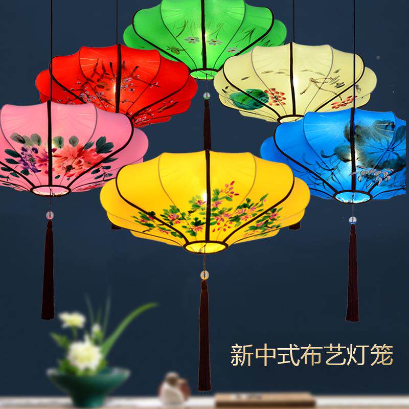仿古手绘国飞画业古典绘吊灯手碟酒店中式中国风布艺0060255灯开