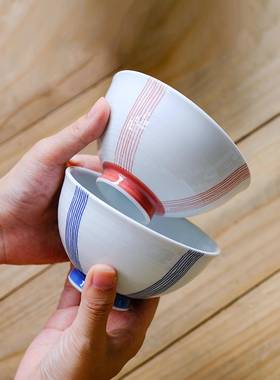 西玛米汤饭F7976MMS碗简约条高脚碗清新纹家用陶瓷日式螺纹小碗