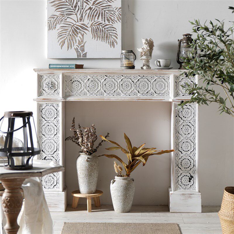 法式复古实木壁炉架白色装饰柜婚礼摆架客厅展示民宿玄关隔断台