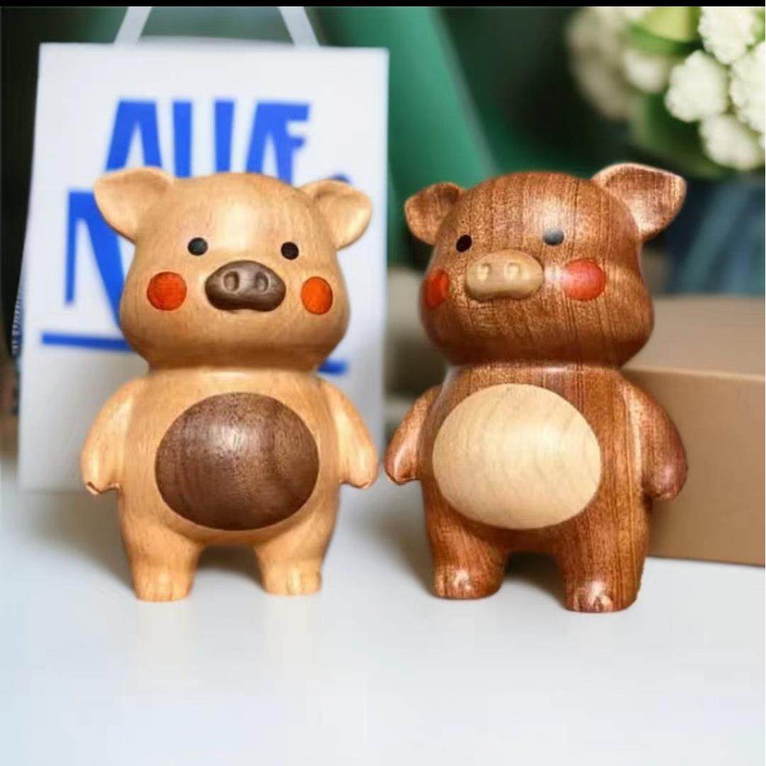 实雕木刻诸事顺诸事平安公桌面摆件利磁吸柿子小猪家居办实木摆件