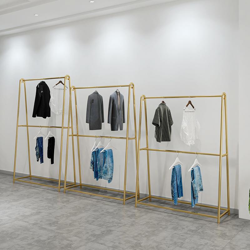 服装店展示架陈列架双层落地式挂衣架简约童装店双杆衣架金色横杆