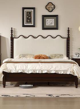 法式复古实木床美式床1米8双人大床主卧中古风黑色罗马柱软包婚床