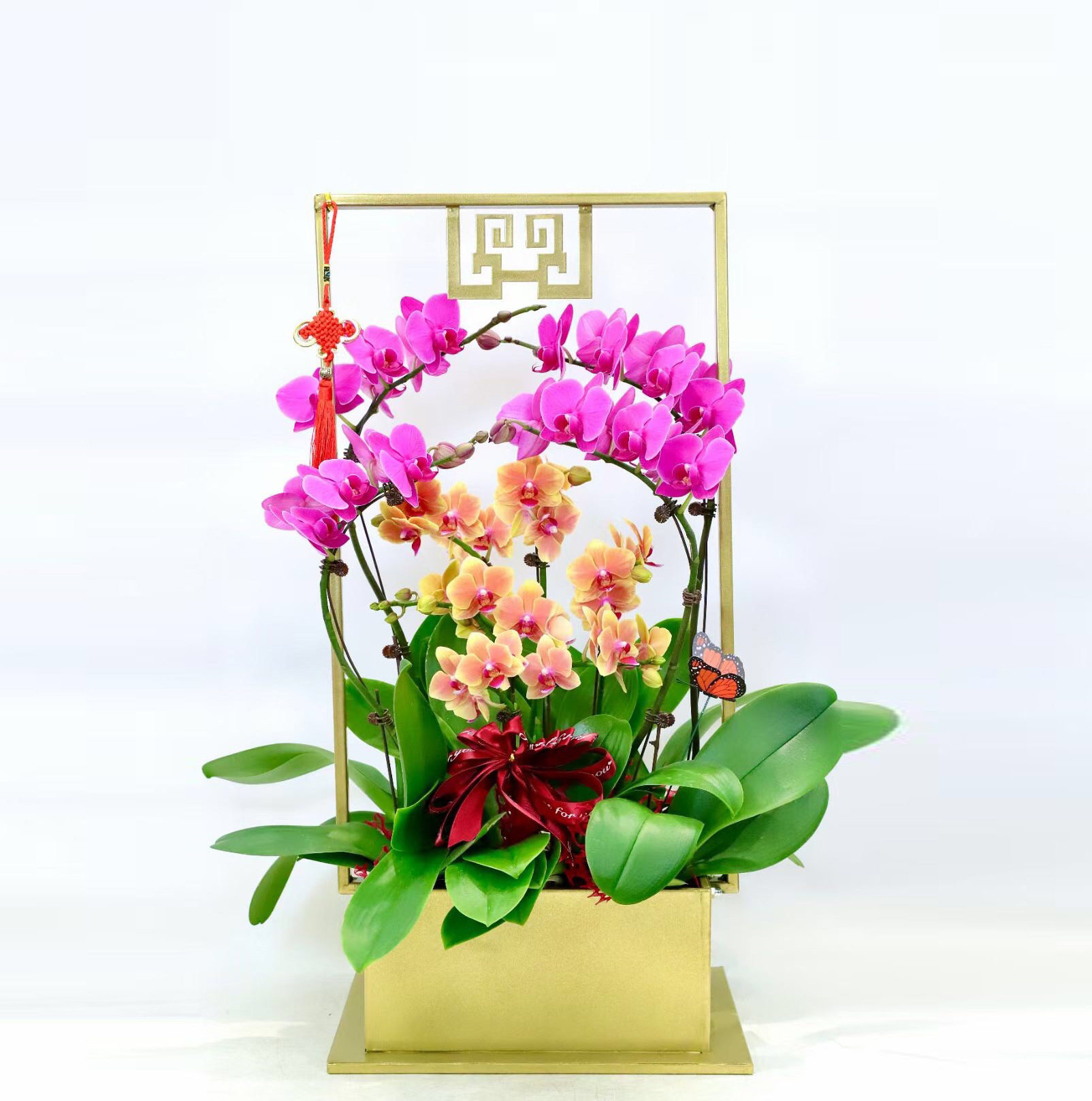 金色金属铁艺新中式铁艺花盆架仿真植物蝴蝶兰银柳盆栽年宵花