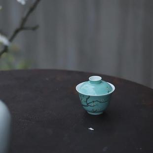 云木在松石绿粉彩清月夜泡茶碗手绘陶瓷盖碗复古新