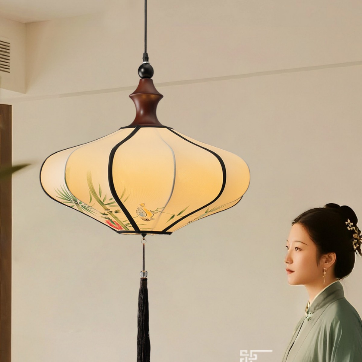 宋式仿古手绘布艺灯笼餐厅吊灯