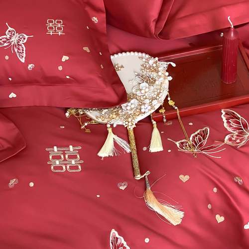 式10S全棉四件套浪漫蝴蝶FNF绣被套纯棉0亲肤刺床单大红色婚庆床