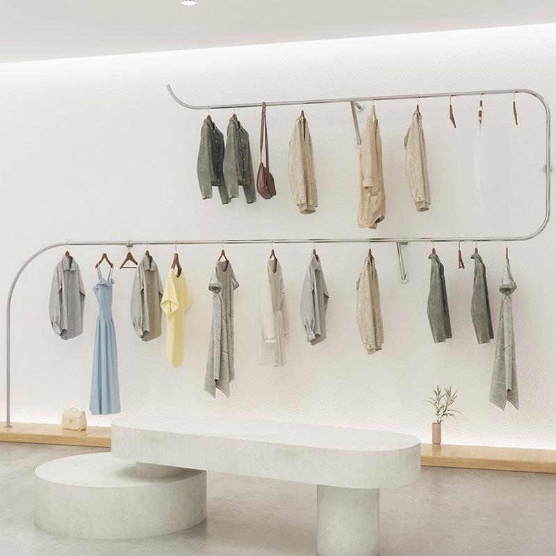 双层陈列架上墙展示架衣服架不锈钢银色挂衣架货架店铺展示服饰